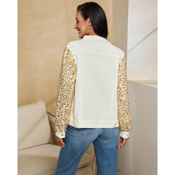 Cream White & Gold Sequin Jean Jacket for Women Long Sleeve Sparkly Denim Coat - Picture 3 of 7